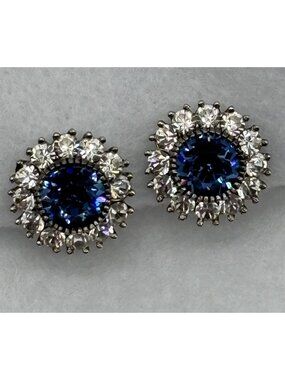 Vintage Sterling Silver Blue Crystal and Clear Crystal Clip-On Earrings Unsigned